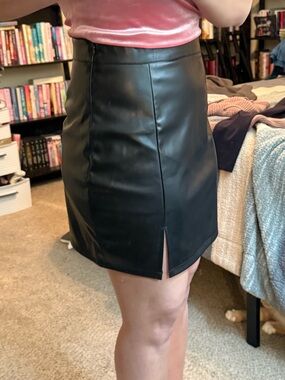 Black Faux Leather High-Rise Pencil Skirt with Front Slit